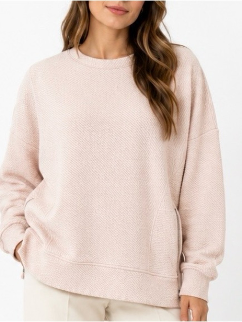 CALIA Pink Textured Pullover Sweatshirt Large Athleisure Quiet Luxury Side Zips
